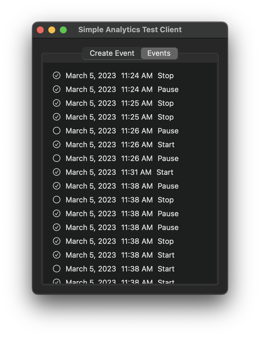 picture of client app's events tab showing a list of tabs