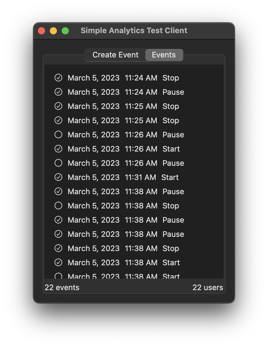 screen shot of client app's events tab showing user count and event count are both 22