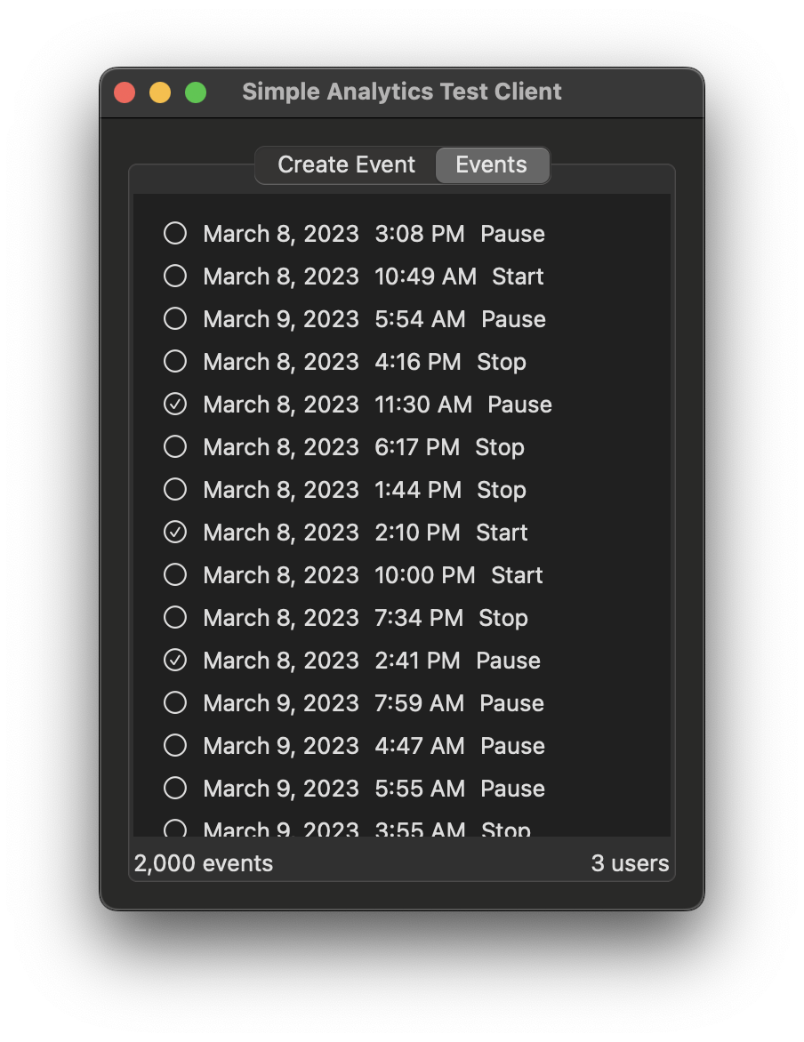 screen shot of client app showing 2000 events and 3 users